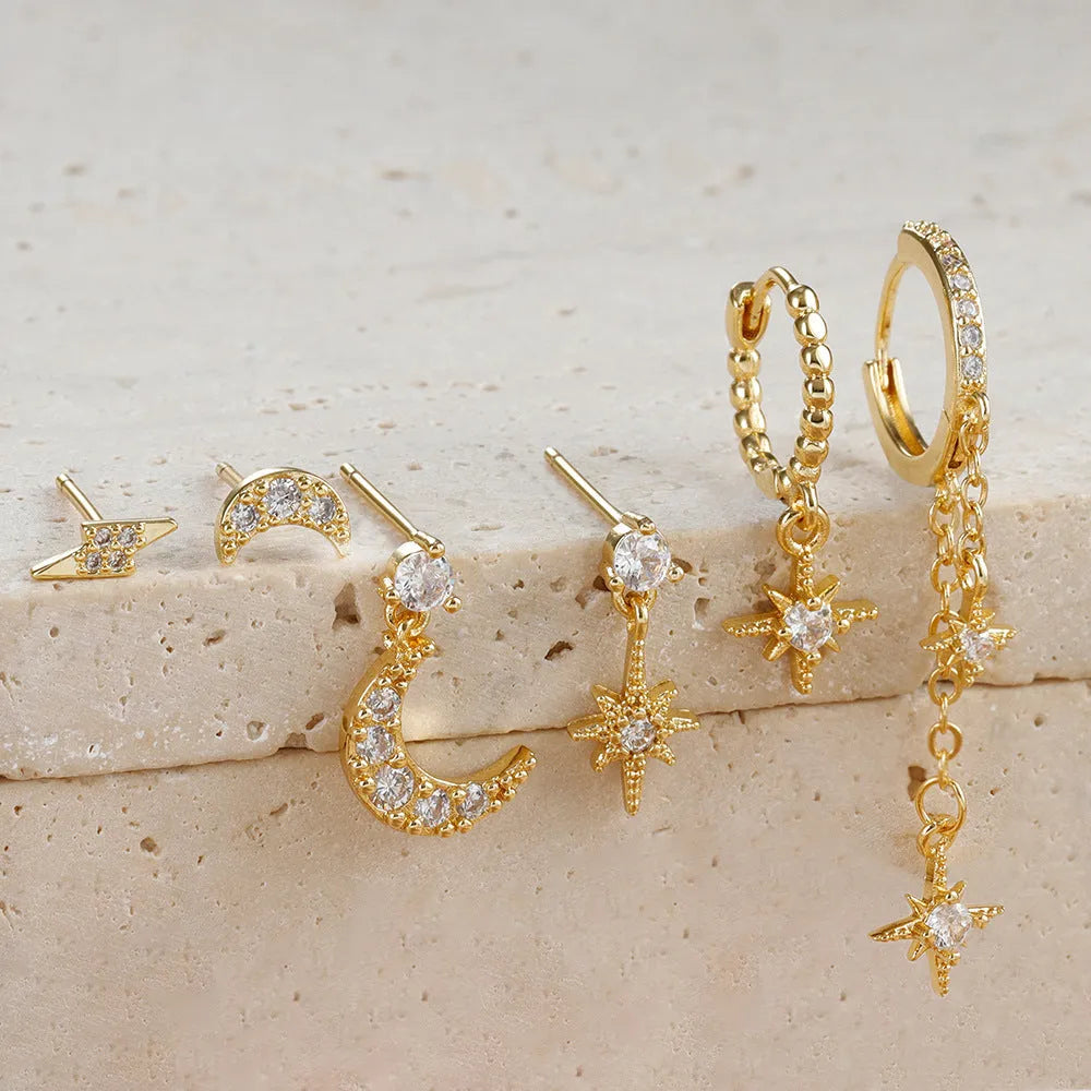 XINGX six-piece gold chain tassel earring set with zircon studs on copper