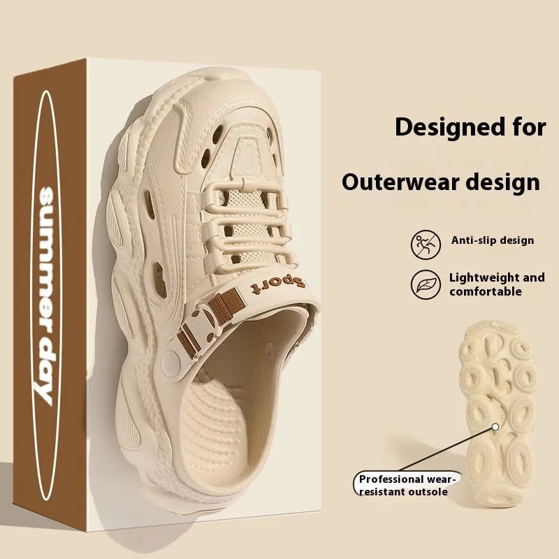 Men's khaki and black outdoor slippers with hollow-out patterned EVA soles for breathability.