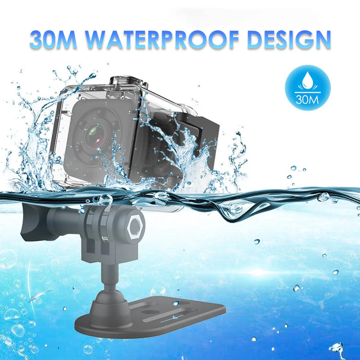 SQ29 black waterproof sports camera shown with MicroUSB port and support for 32GB memory cards.
