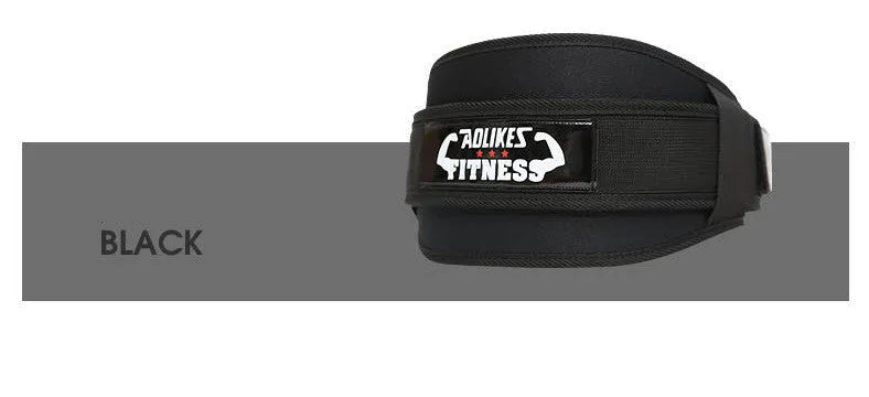 Nylon fitness weightlifting belt for adults on a gym floor, shown in black, red, and yellow colour options.