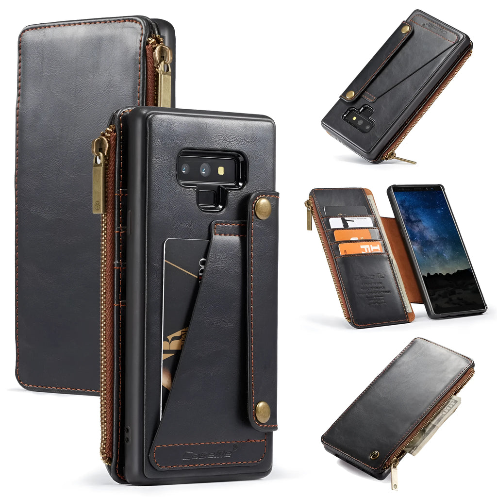 Black PU leather flip phone case for SAMSUNG Note9 showing front and back views.