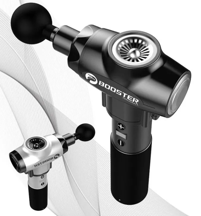 Black and white cordless handheld muscle massage gun with 24V battery and variable speed control