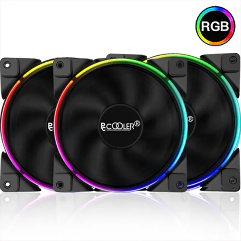 Three black 120mm computer case cooling fans with RGB lighting and hydraulic bearing system