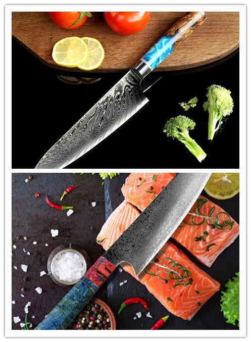 Eight-piece kitchen knives set with chef knife, bread knife, Japanese knives, and a separate Damascus steel cleaver on a wooden surface.