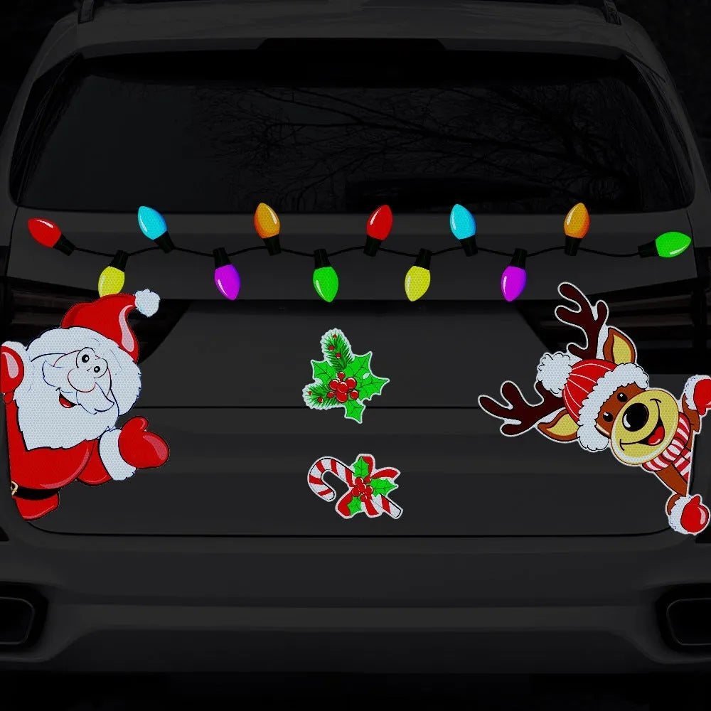 Medium Christmas elk cartoon reflective magnetic sticker with 6-thread design on a metallic surface.