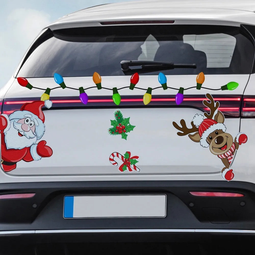 Medium Christmas elk cartoon reflective magnetic sticker with 6-thread design on a metallic surface.