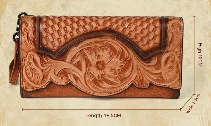 Women's brown embossed floral genuine leather tri-fold wallet showing interior compartments