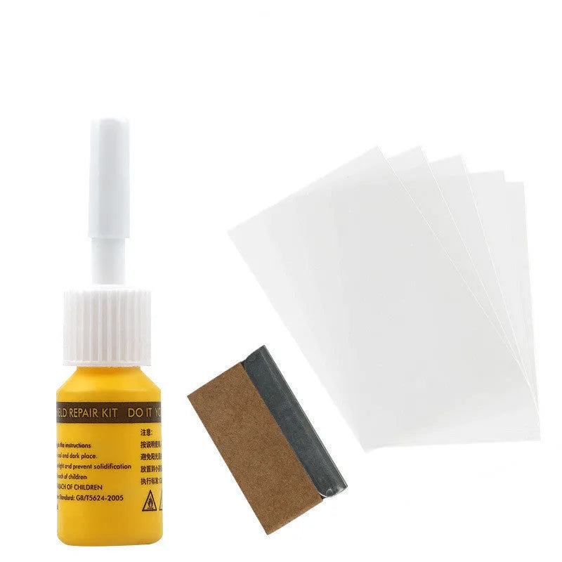 Yellow three-piece car windscreen repair agent tool set for windshield chip and crack repair