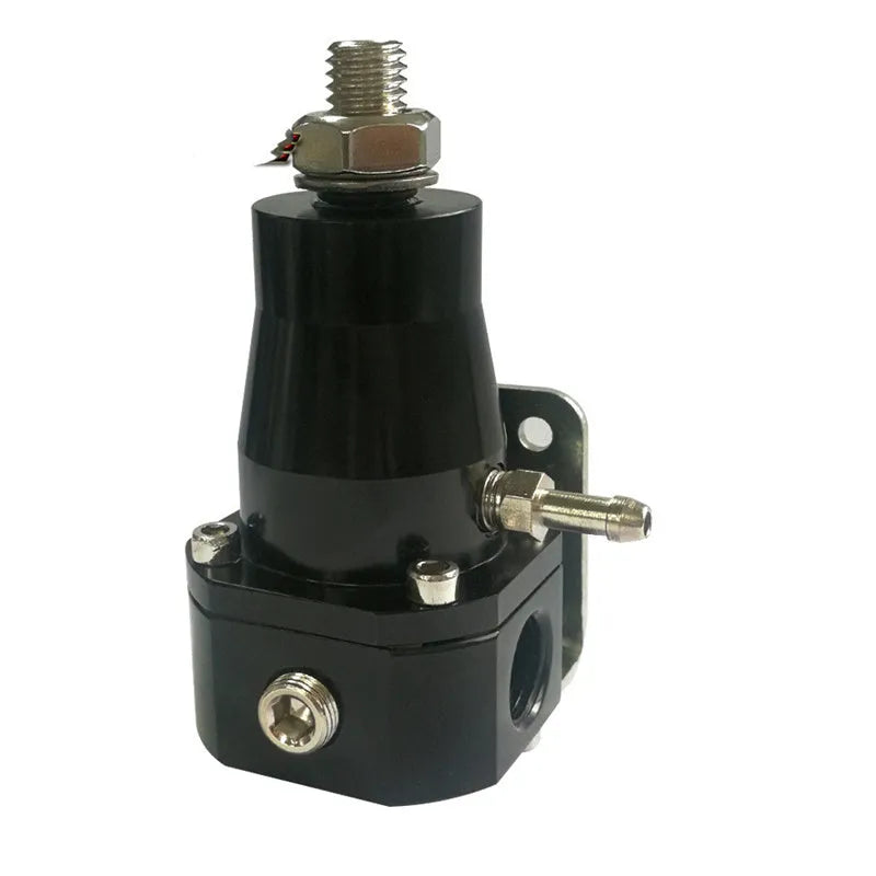 Black CNC aluminium fuel pressure regulator with adjustable 30-70psi range and oil strap for mounting