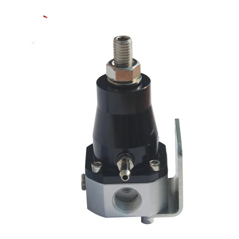 Black CNC aluminium fuel pressure regulator with adjustable 30-70psi range and oil strap for mounting