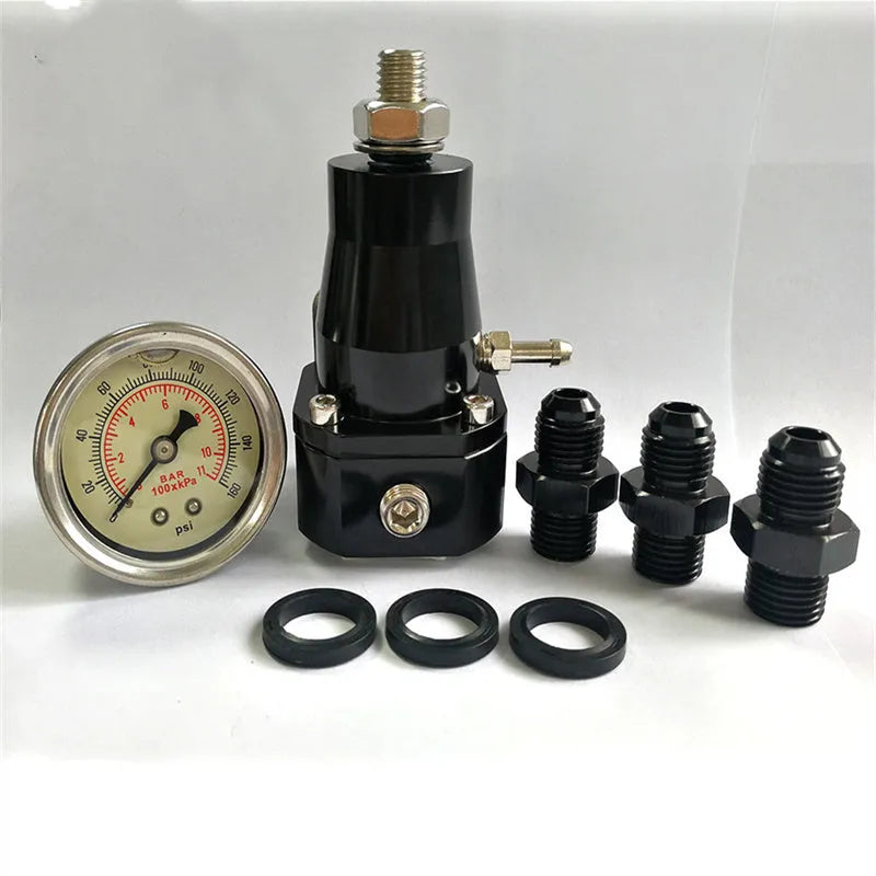 Black CNC aluminium fuel pressure regulator with adjustable 30-70psi range and oil strap for mounting