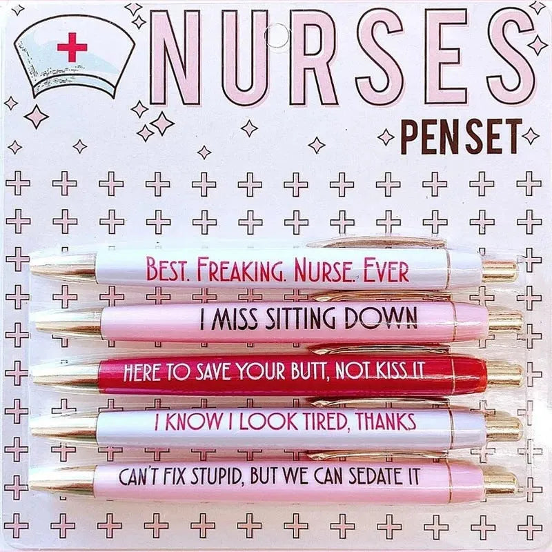 Five nurse-themed retractable ballpoint pens showing medical designs