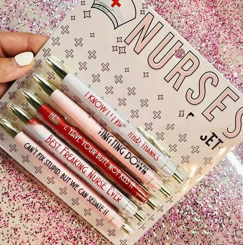Five nurse-themed retractable ballpoint pens showing medical designs