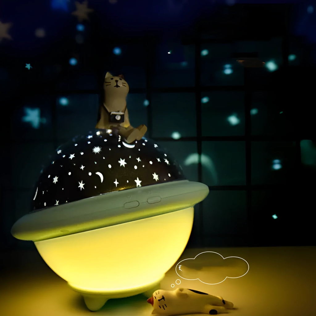 UFO-shaped plastic starry sky projection night light in pink colour with USB cable