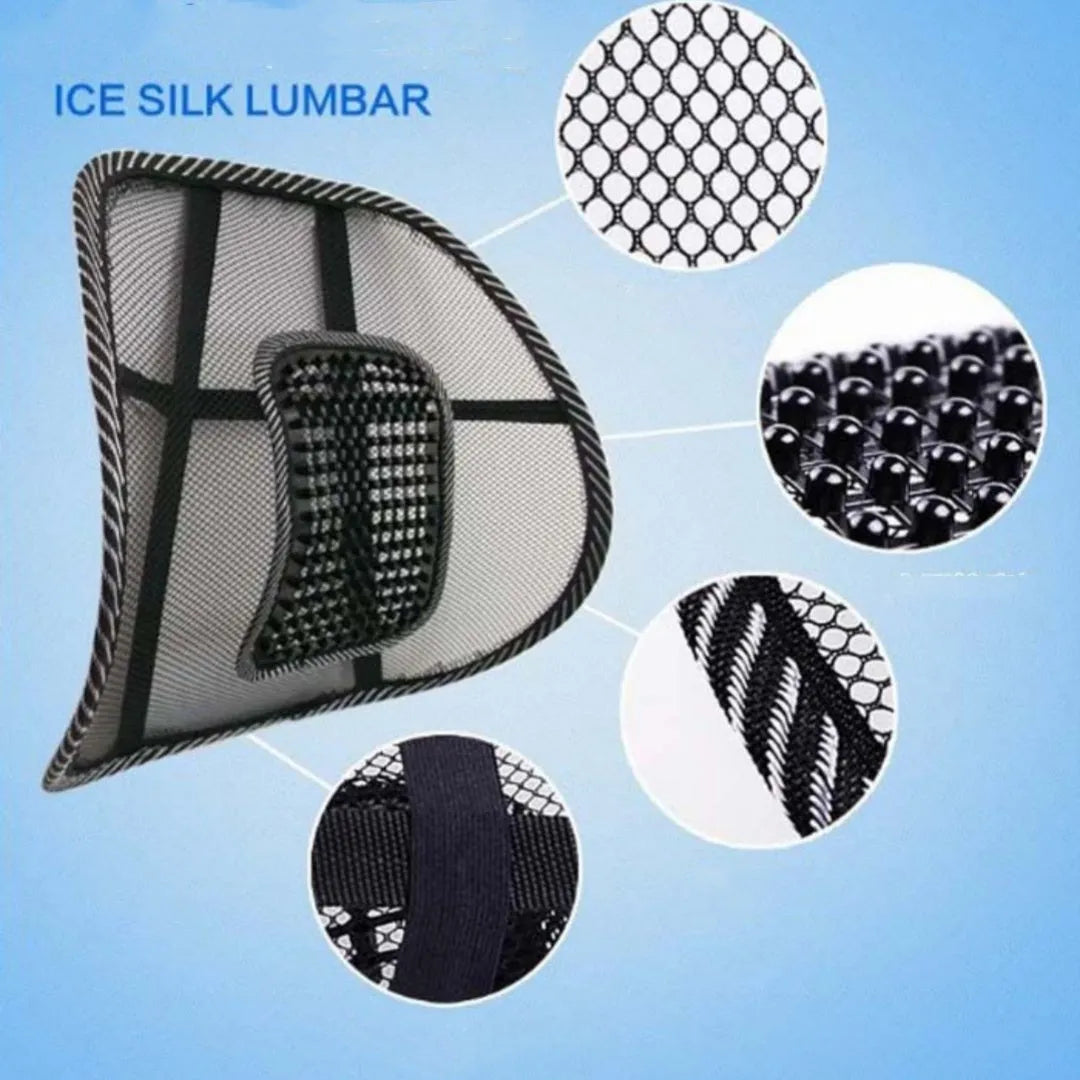 Black leather car lumbar support pillow showing steel frame structure and 41x39 cm dimensions