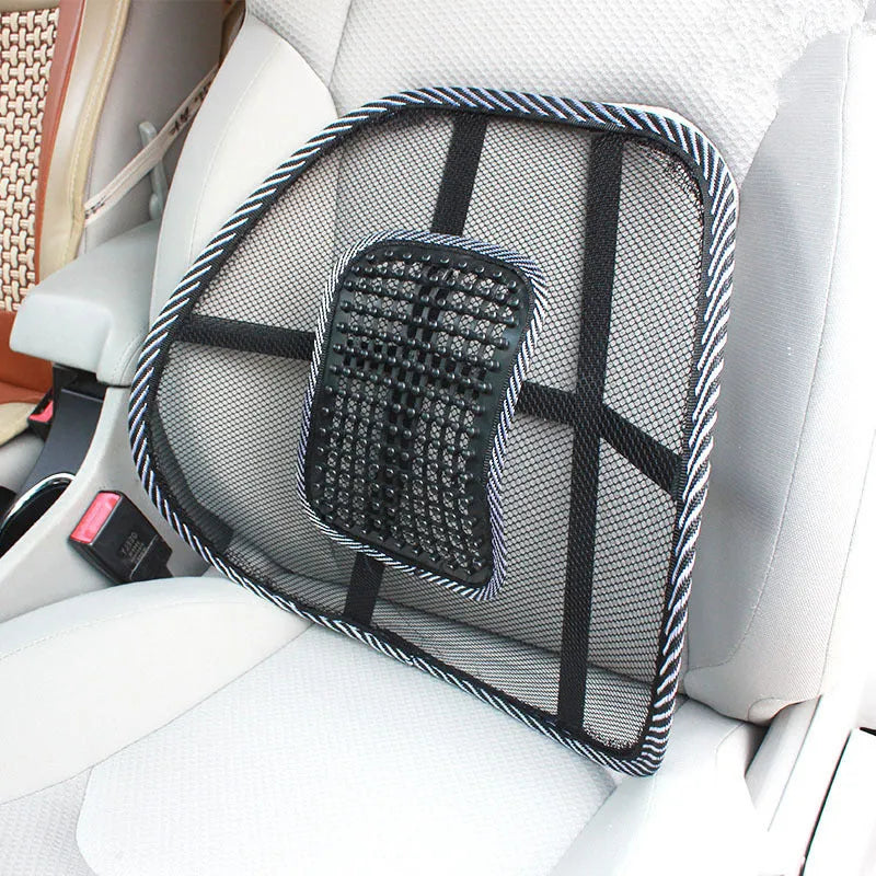 Black leather car lumbar support pillow showing steel frame structure and 41x39 cm dimensions