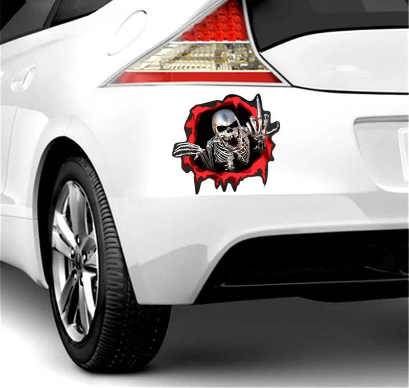 15x14cm PET car bumper sticker with colourful broken shell design and printed metal skull pattern