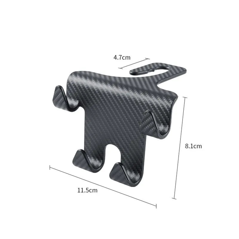 Black ABS car hook with integrated mobile phone bracket for rear seat storage.