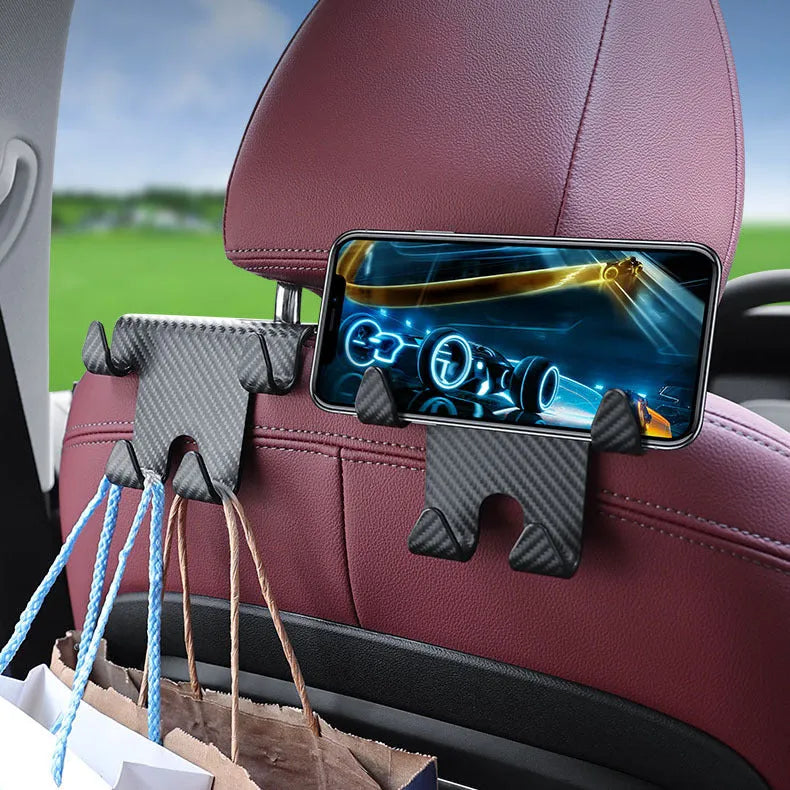 Black ABS car hook with integrated mobile phone bracket for rear seat storage.