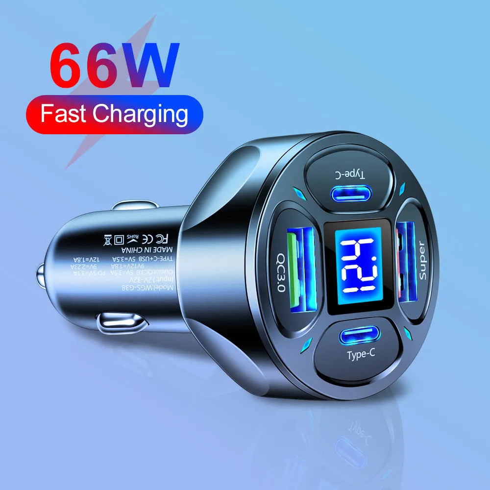 66W black digital display car charger with two USB ports and two Type-C ports.
