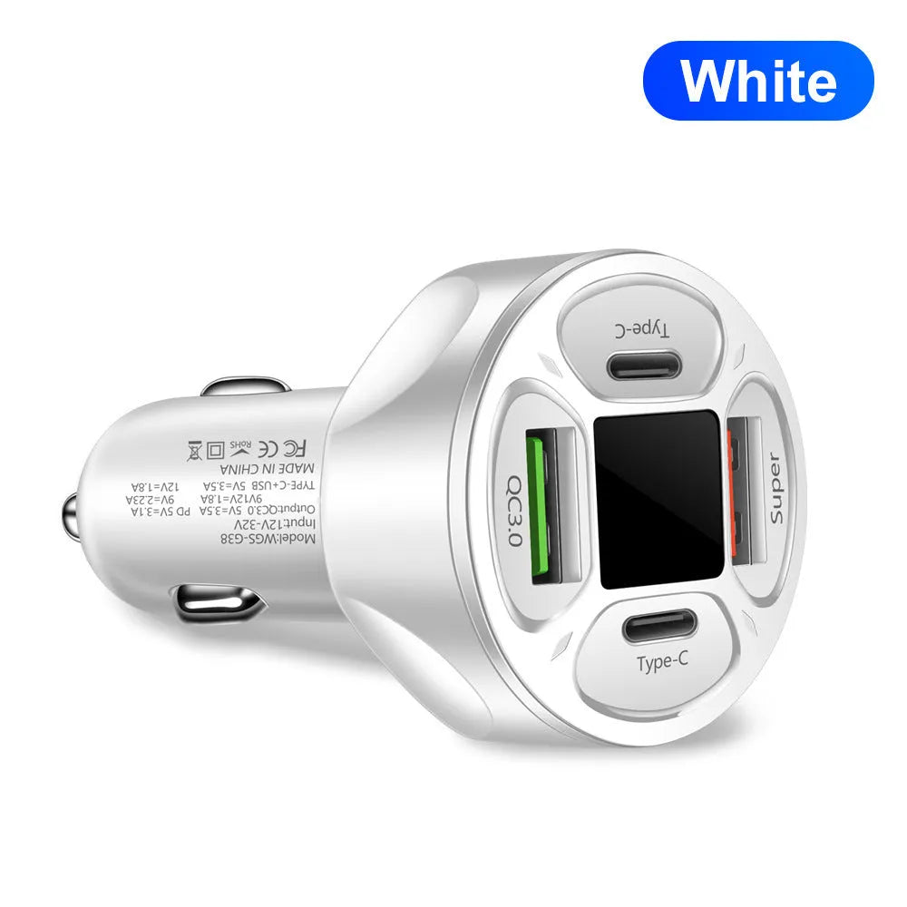 66W black digital display car charger with two USB ports and two Type-C ports.
