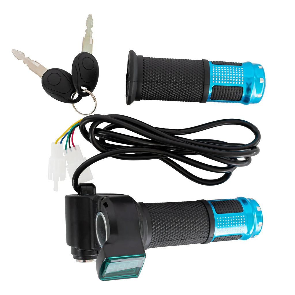 Electric vehicle handlebar section in blue, red, silver, or yellow with 5-core wire and IPX4 rating.