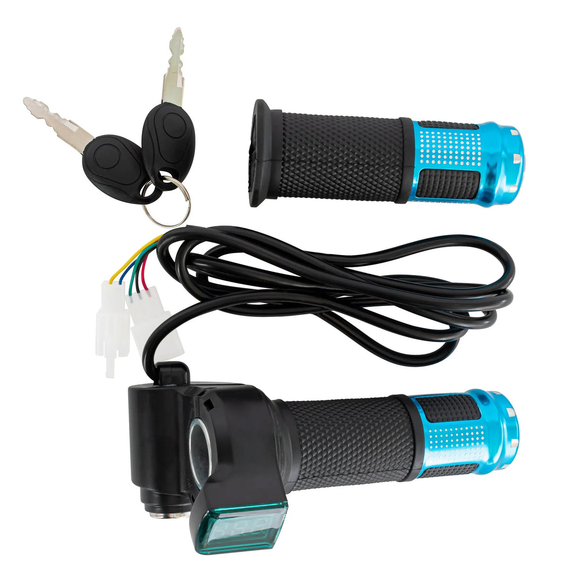 Electric vehicle handlebar section in blue, red, silver, or yellow with 5-core wire and IPX4 rating.
