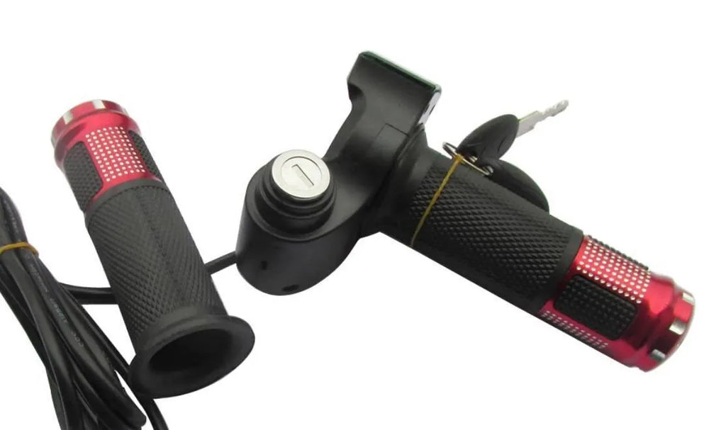 Electric vehicle handlebar section in blue, red, silver, or yellow with 5-core wire and IPX4 rating.