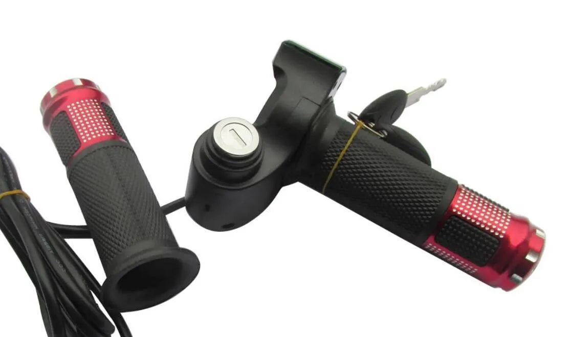Electric vehicle handlebar section in blue, red, silver, or yellow with 5-core wire and IPX4 rating.