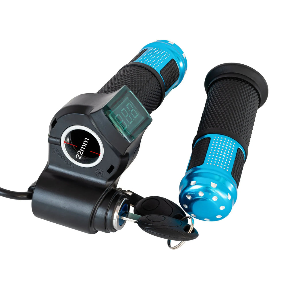 Electric vehicle handlebar section in blue, red, silver, or yellow with 5-core wire and IPX4 rating.