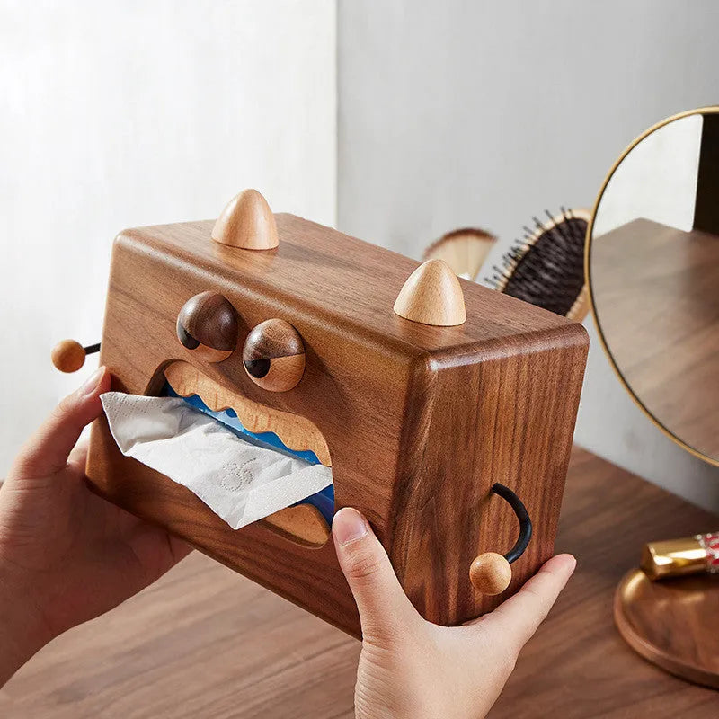 Wooden tissue box with cartoon monster design in walnut finish on beech wood