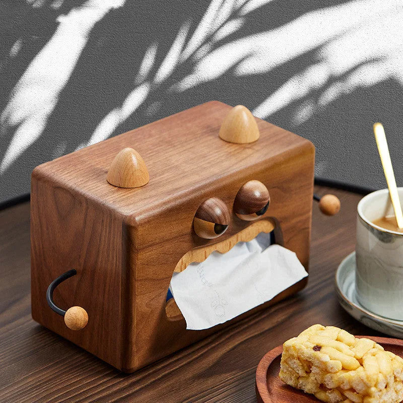 Wooden tissue box with cartoon monster design in walnut finish on beech wood