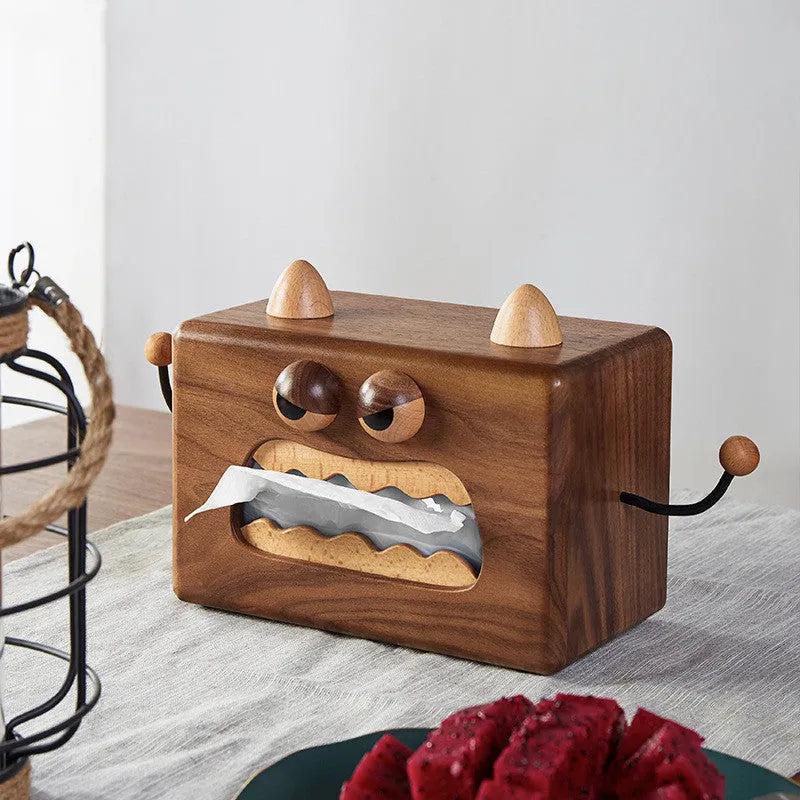 Wooden tissue box with cartoon monster design in walnut finish on beech wood