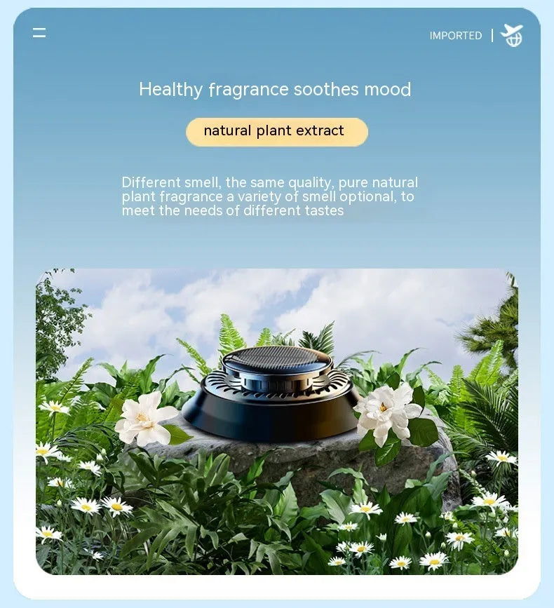 Solar powered kinetic double ring rotating car air freshener diffuser in black plastic.