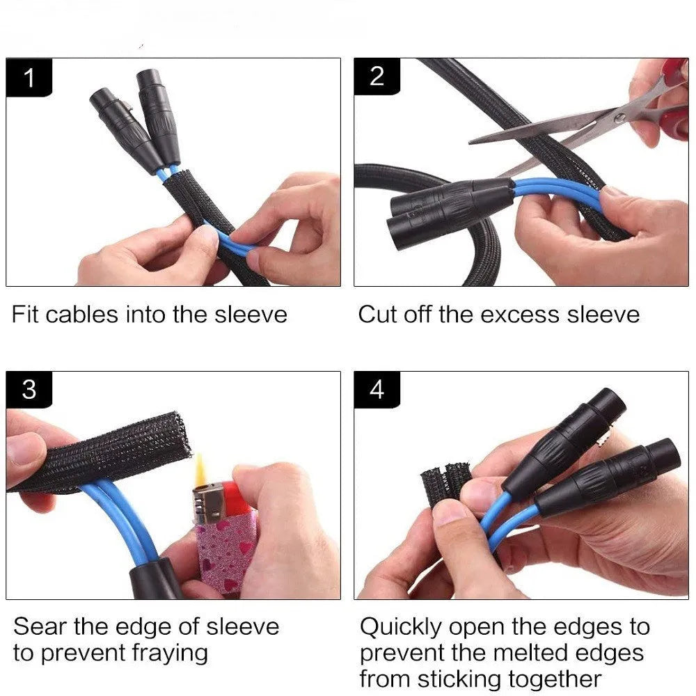 Black self-winding polyester braided sleeve for protecting and organising cables and wires