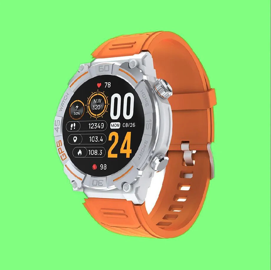 MG02 smart watch in black, khaki, or silver orange on wrist, showing TFT touch screen with health metrics display.