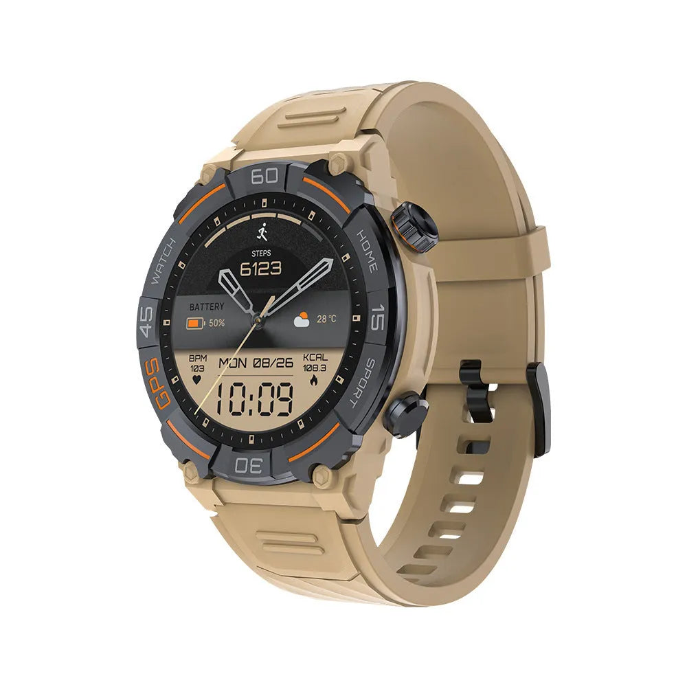 MG02 smart watch in black, khaki, or silver orange on wrist, showing TFT touch screen with health metrics display.