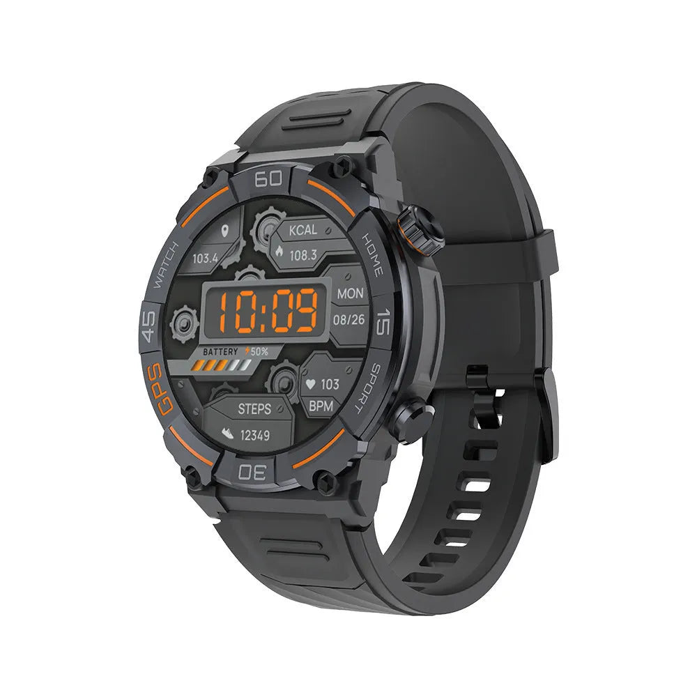 MG02 smart watch in black, khaki, or silver orange on wrist, showing TFT touch screen with health metrics display.