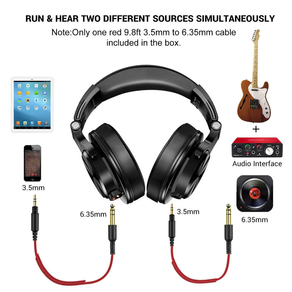 OneOdio black over-ear headphones with red accents and a detachable 3.5mm audio cable.