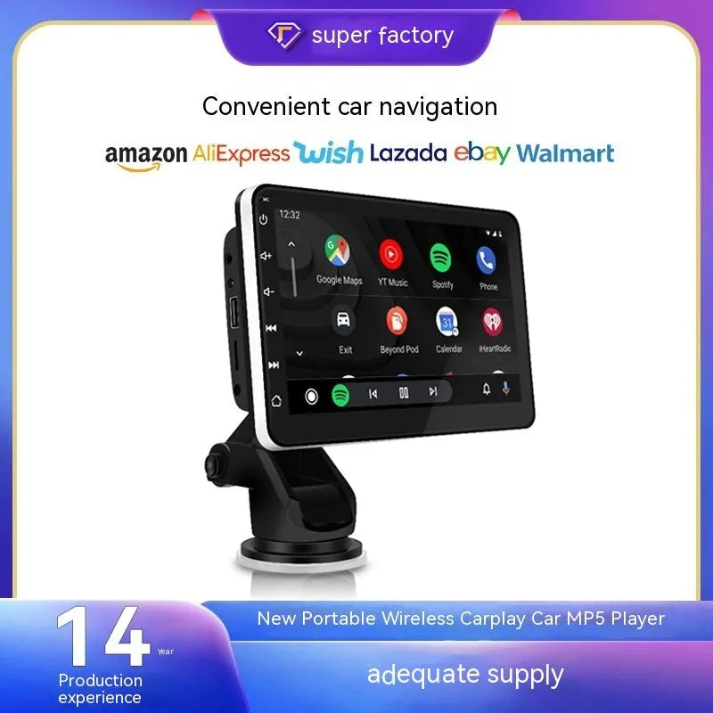 7-inch wireless CarPlay car GPS navigator with universal suction cup mount on dashboard