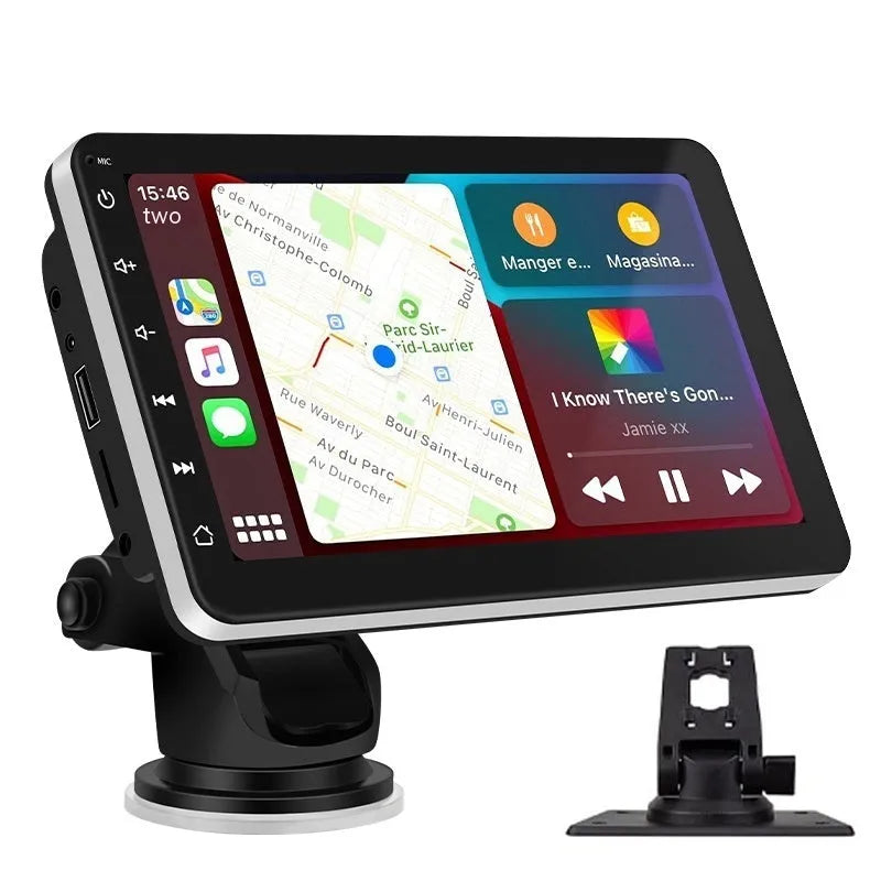 7-inch wireless CarPlay car GPS navigator with universal suction cup mount on dashboard