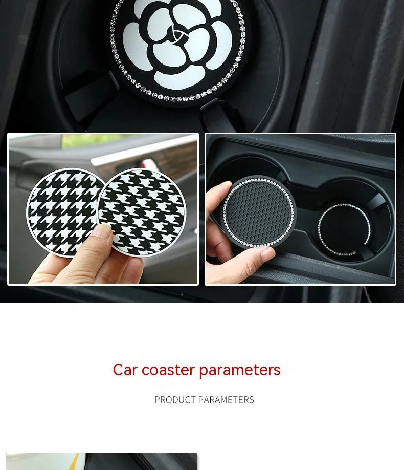 Black and white checkerboard pattern PVC plastic car cup holder mat placed in a vehicle centre console.
