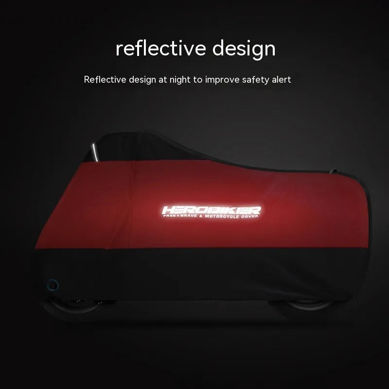Black motorcycle cover for electric vehicles showing rain protection and heat insulation features