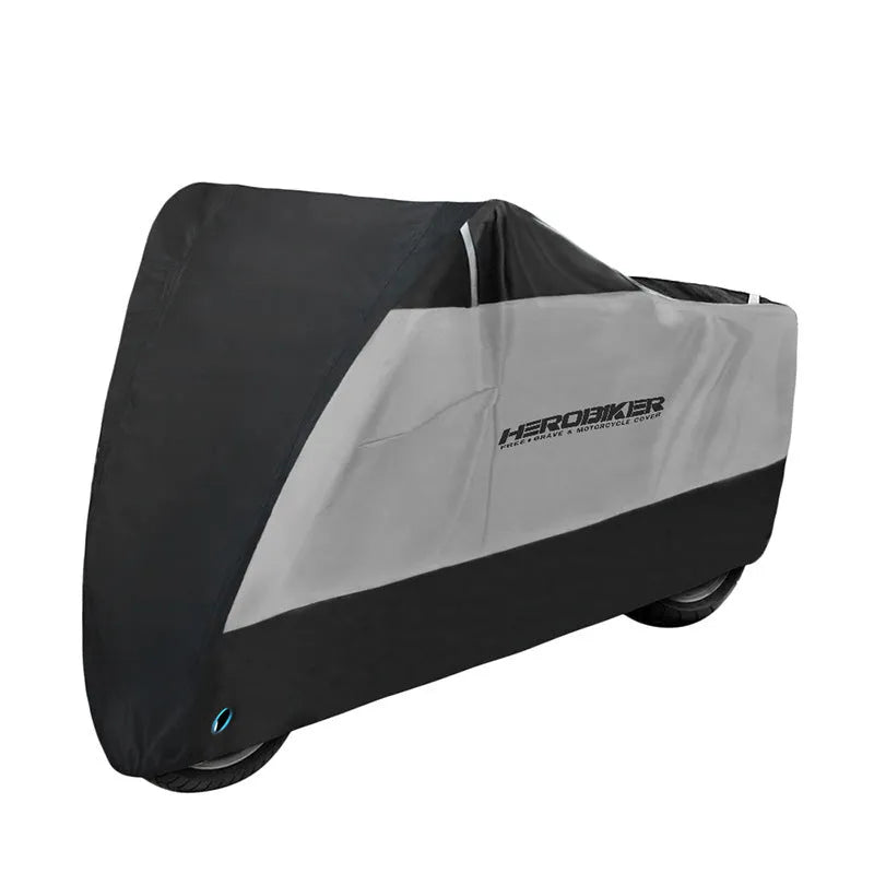 Black motorcycle cover for electric vehicles showing rain protection and heat insulation features