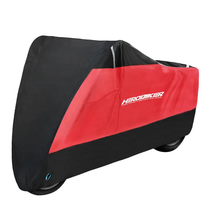 Black motorcycle cover for electric vehicles showing rain protection and heat insulation features
