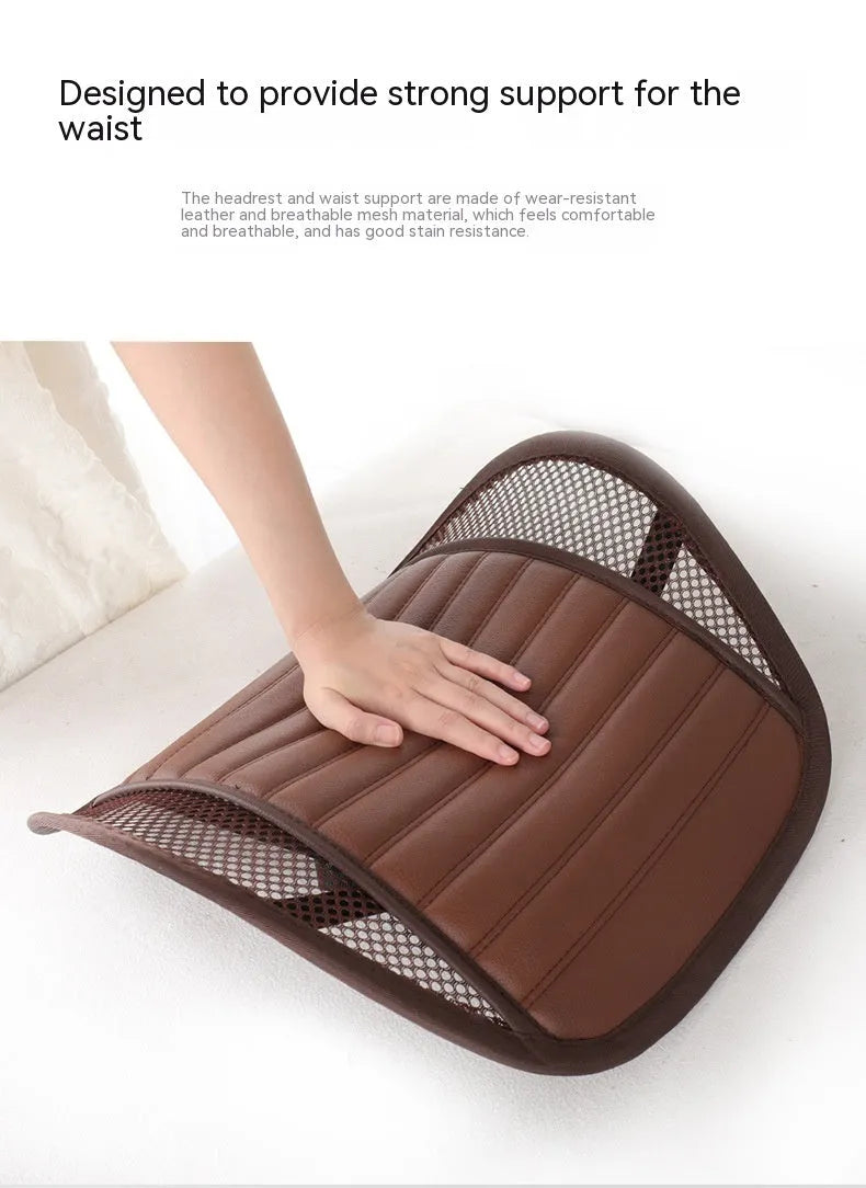 Leather waist support lumbar cushion for car seat or office chair in various colours.