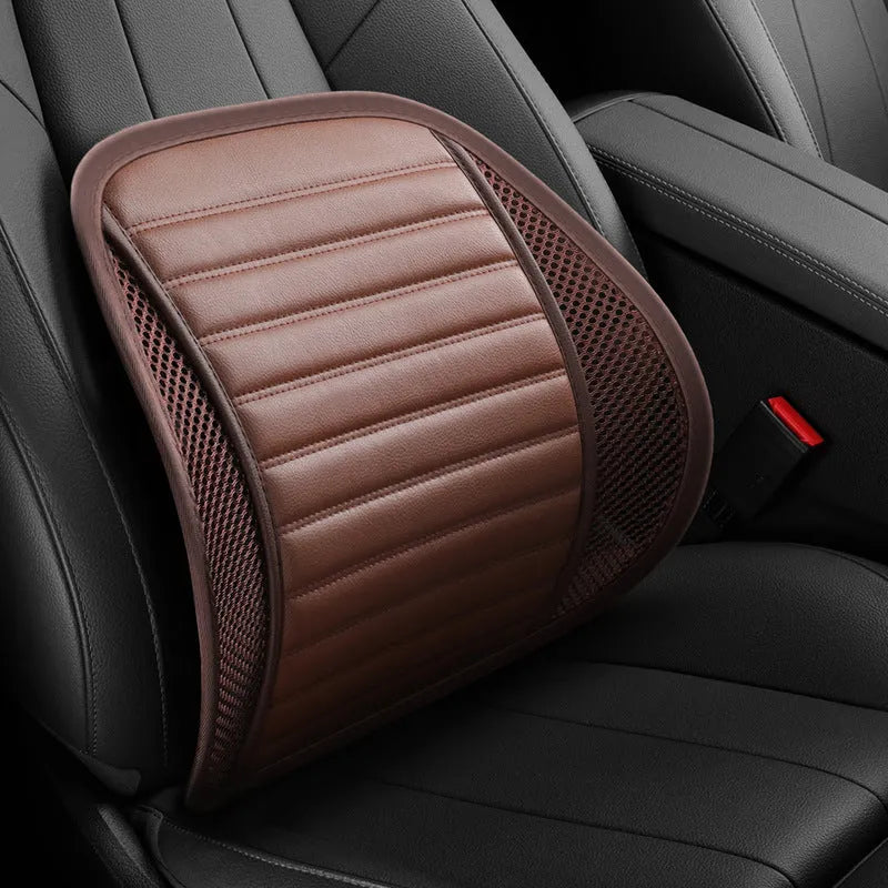 Leather waist support lumbar cushion for car seat or office chair in various colours.