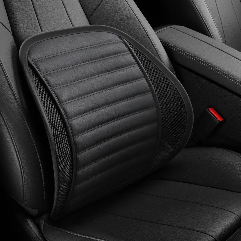 Leather waist support lumbar cushion for car seat or office chair in various colours.