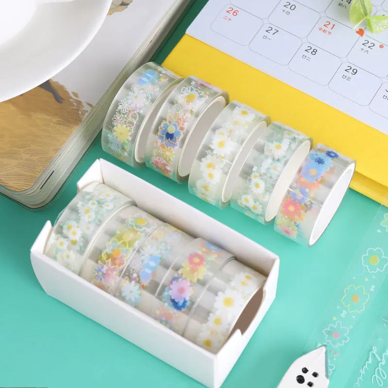 Five rolls of transparent PET decorative adhesive tape in Midsummer Daisy colour for craft projects
