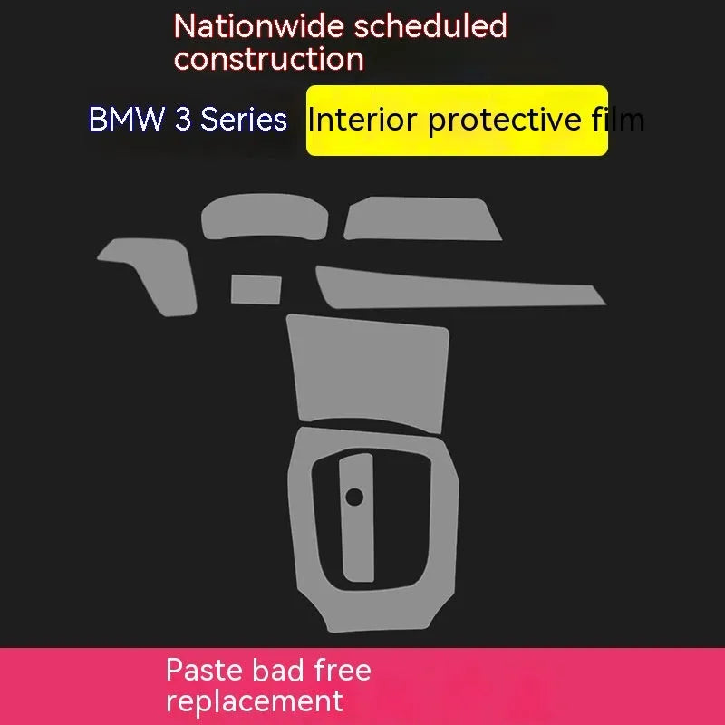 Transparent TPU protective film kit for BMW 3 Series interior dashboard and centre console.